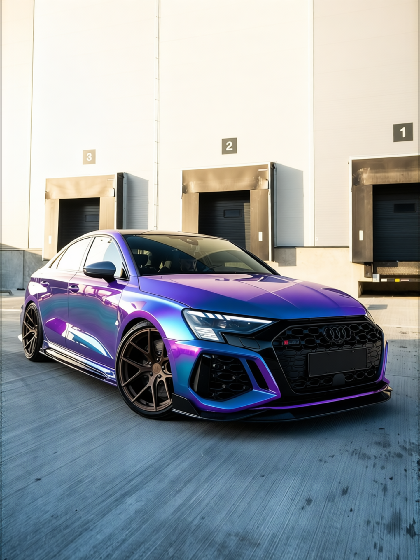 Audi RS3 rendered in Glossy Auroral Blue Purple gloss wrap