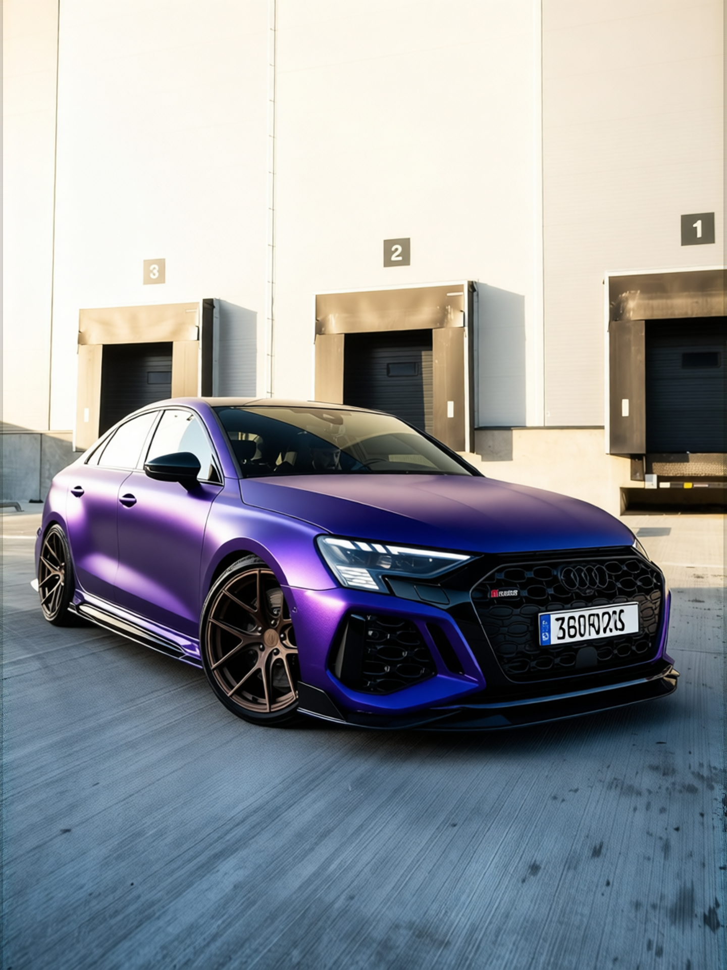 Audi RS3 rendered in Matte Metallic Purple gloss wrap