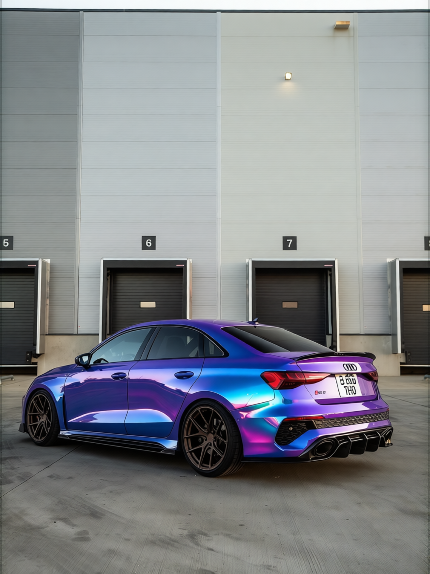 Audi RS3 rendered in Glossy Auroral Blue Purple gloss wrap